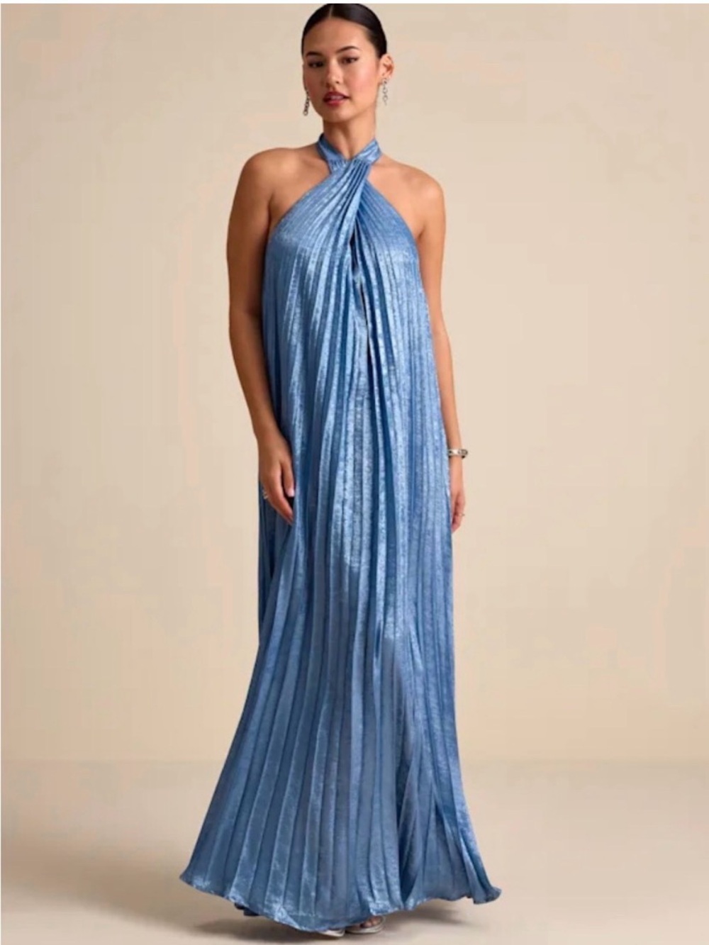 Lulu's Sky-Blue Pleated Halter Maxi Dress